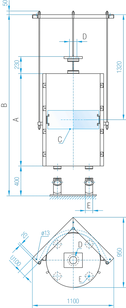 technische Zeichnung vom Einkastenplansichter, technical drawing of single-box plansifter
