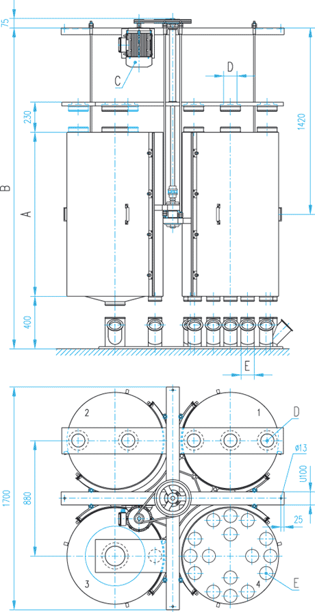 technische Zeichnung vom Kreuzjoch-Plansichter, technical drawing of crossyoke-plansifter