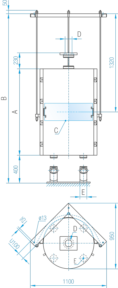 Technical drawing and measurements of single-box plansifter